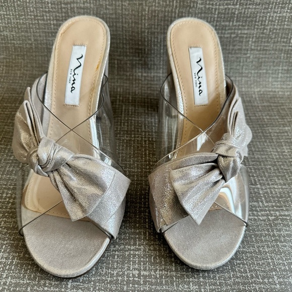 Nina Shoes - Nina New York Silver Bow Heels Sz 8.5M Clear Strap Block Sandals Wedding Evening